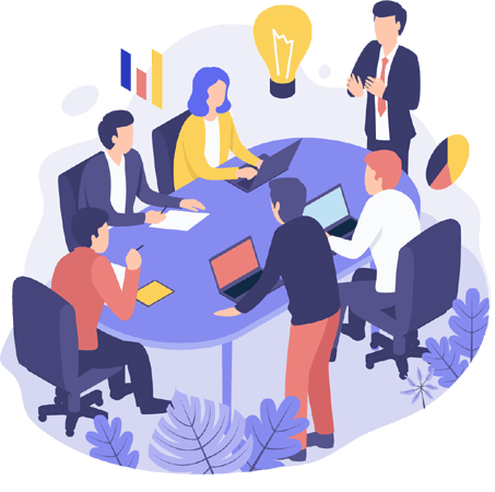 A diverse team of professionals collaborating in a bright, modern office with large windows and stylish furniture